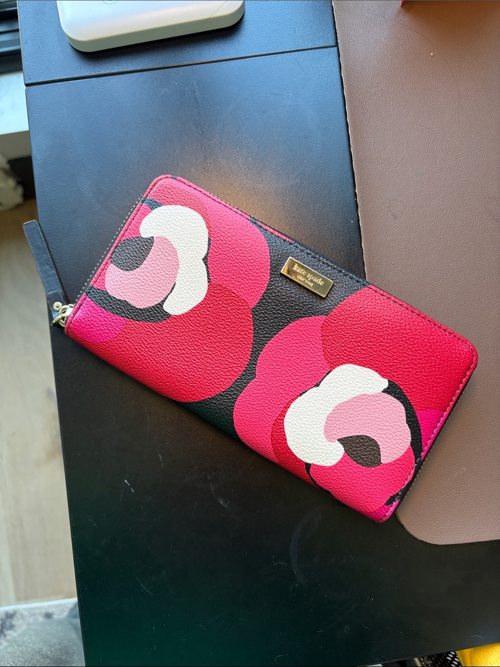 kate spade Pink Floral Zip-Around Wallet with Gold Plaque